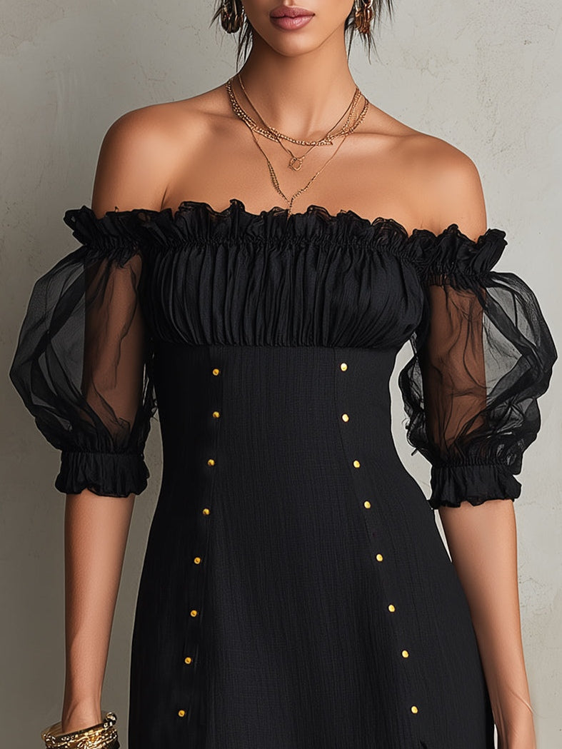 Elegante Vestido Mini Negro para Mujeres con Manga Abierta, Volantes y Alta Rendidura Estilo Cóctel