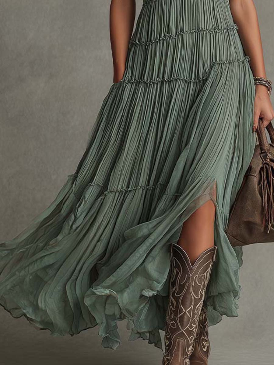 Vestido Maxi Escalonado Sin Esfuerzo para Mujeres con Escote en V, Sin Mangas, Plisado y Estilo Bohemio