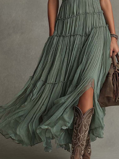 Vestido Maxi Escalonado Sin Esfuerzo para Mujeres con Escote en V, Sin Mangas, Plisado y Estilo Bohemio