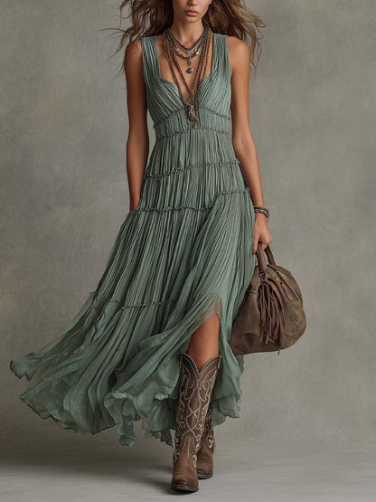 Vestido Maxi Escalonado Sin Esfuerzo para Mujeres con Escote en V, Sin Mangas, Plisado y Estilo Bohemio