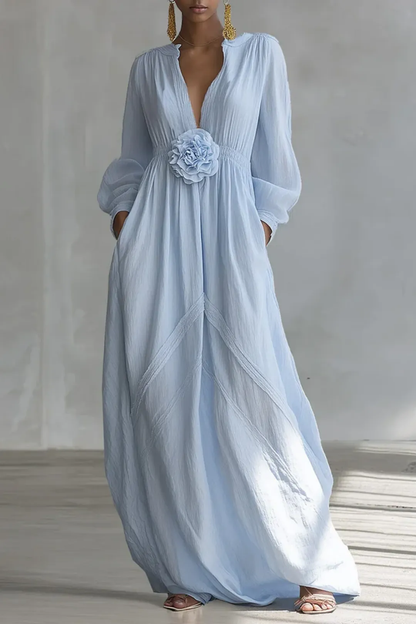 Vestido Maxi Floral Azul Elegante para Mujeres con Escote en V y Mangas de Globo Estilo Bohemio