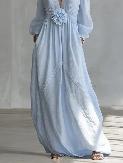 Vestido Maxi Floral Azul Elegante para Mujeres con Escote en V y Mangas de Globo Estilo Bohemio