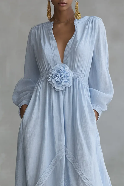 Vestido Maxi Floral Azul Elegante para Mujeres con Escote en V y Mangas de Globo Estilo Bohemio