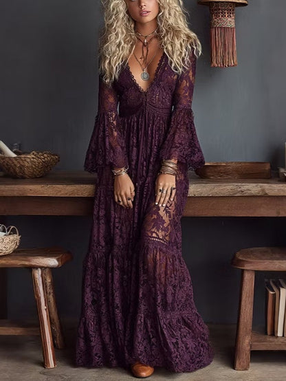 Vestido Maxi de Encaje Morado Sin Esfuerzo para Mujeres con Escote en V, Mangas de Campana y Volantes en Estilo Bohemio