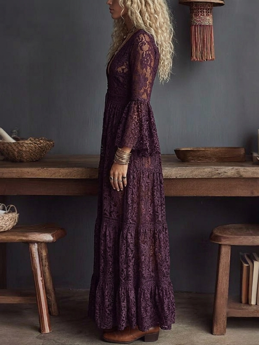 Vestido Maxi de Encaje Morado Sin Esfuerzo para Mujeres con Escote en V, Mangas de Campana y Volantes en Estilo Bohemio