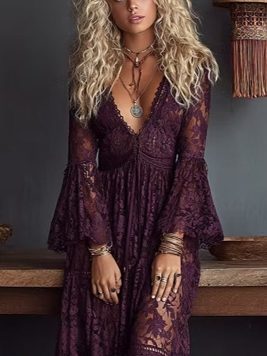 Vestido Maxi de Encaje Morado Sin Esfuerzo para Mujeres con Escote en V, Mangas de Campana y Volantes en Estilo Bohemio