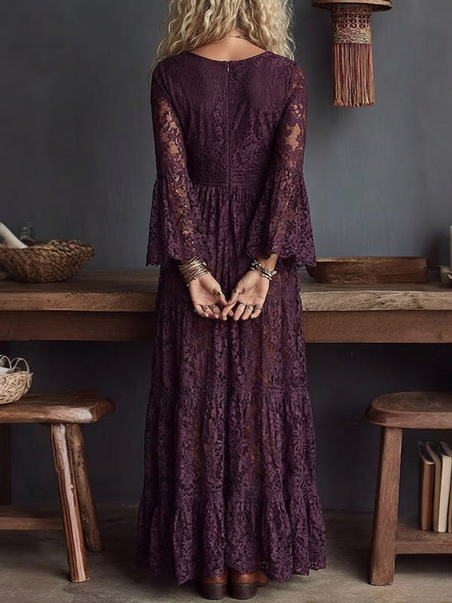 Vestido Maxi de Encaje Morado Sin Esfuerzo para Mujeres con Escote en V, Mangas de Campana y Volantes en Estilo Bohemio