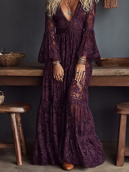 Vestido Maxi de Encaje Morado Sin Esfuerzo para Mujeres con Escote en V, Mangas de Campana y Volantes en Estilo Bohemio