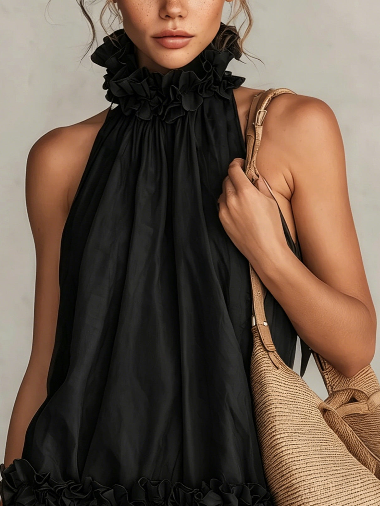 Elegante Vestido Mini de Organza Negra para Mujeres con Cuello Halter Fruncido y Dobladillo en Capas