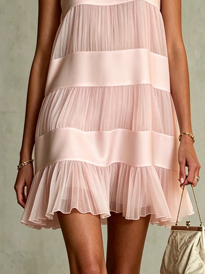 Vestido Mini de Chiffon Rosa Claro Elegante para Mujeres con Cuello Redondo Sin Mangas y Estilo de Volantes en Capas