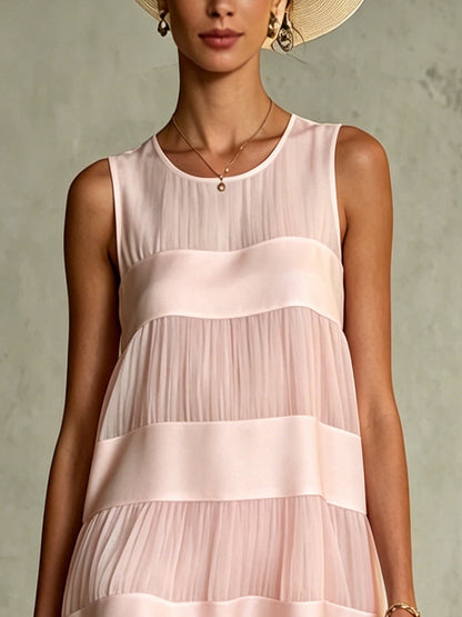 Vestido Mini de Chiffon Rosa Claro Elegante para Mujeres con Cuello Redondo Sin Mangas y Estilo de Volantes en Capas