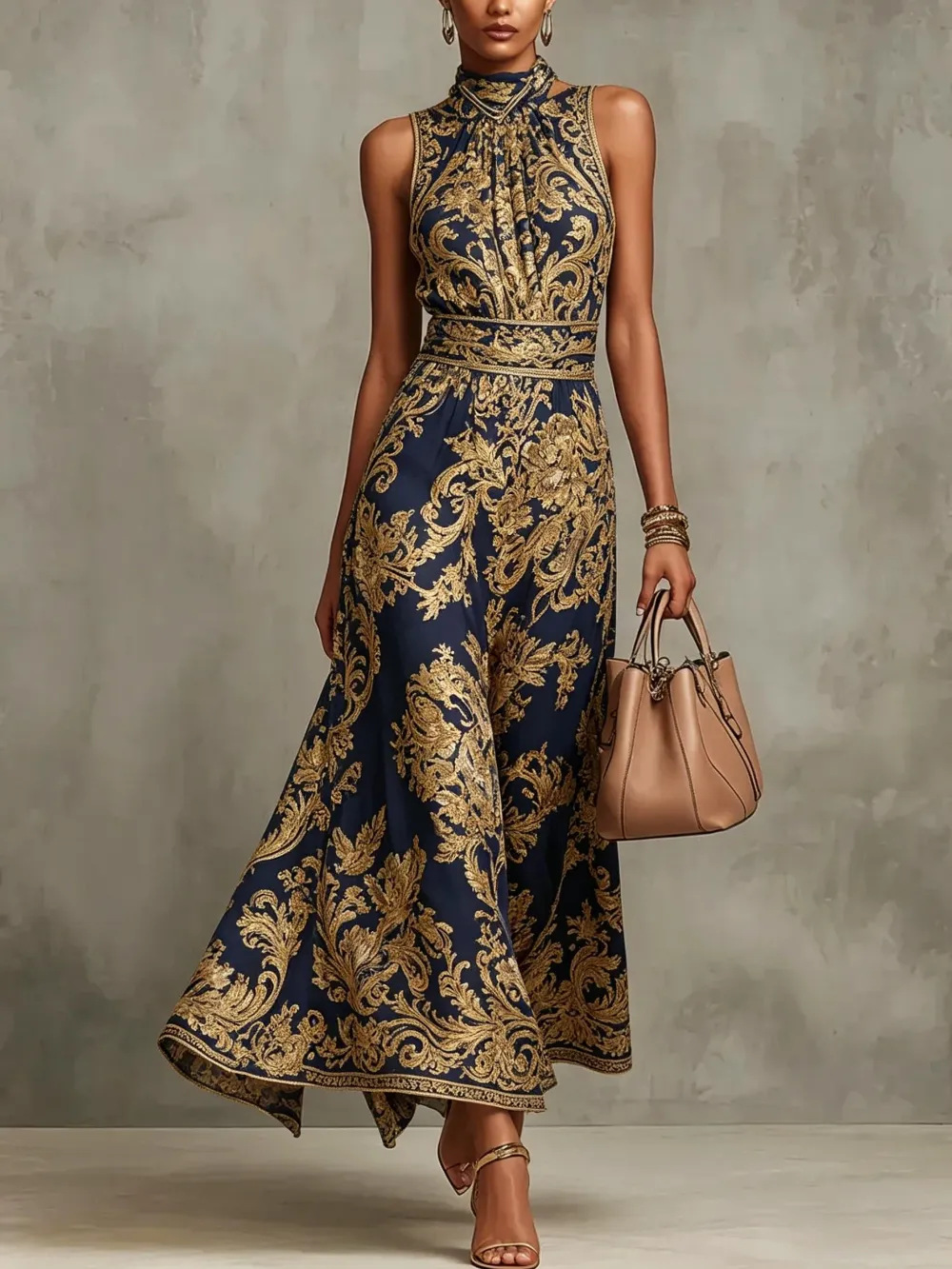 Vestido Maxi de Impresión Barroca Elegante en Color Marino para Mujeres con Cuello Alto, Sin Mangas, Estilo Arrugado y Fluido para Invitadas de Boda
