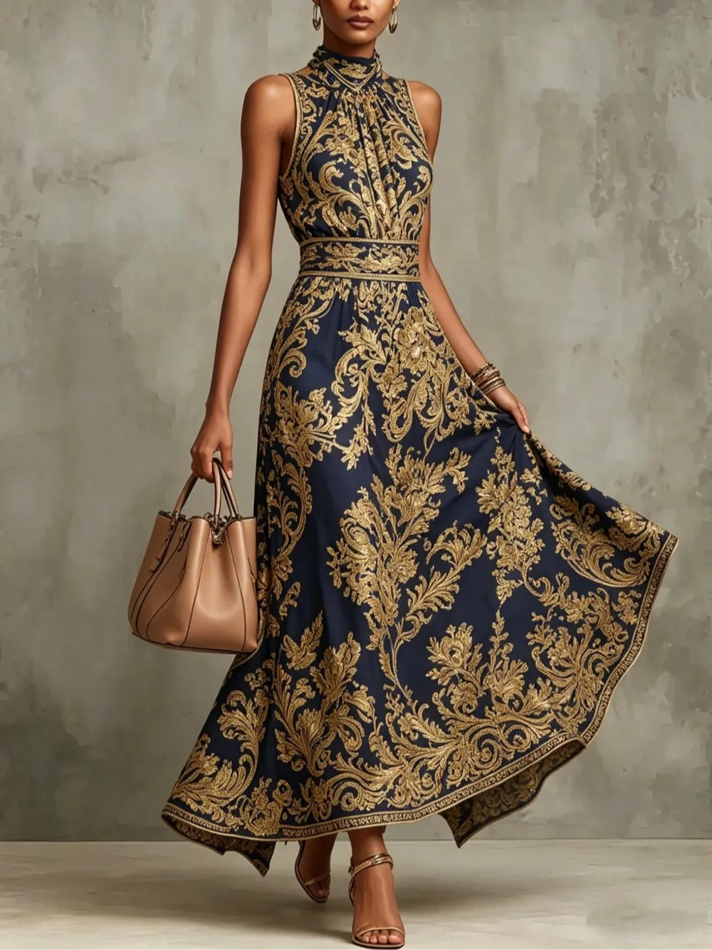 Vestido Maxi de Impresión Barroca Elegante en Color Marino para Mujeres con Cuello Alto, Sin Mangas, Estilo Arrugado y Fluido para Invitadas de Boda