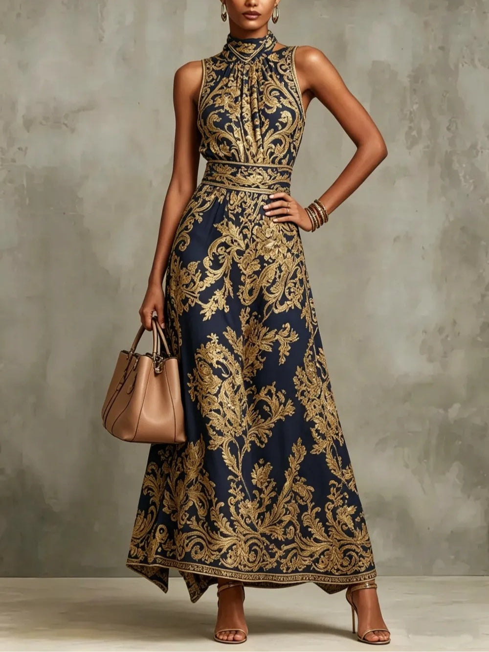 Vestido Maxi de Impresión Barroca Elegante en Color Marino para Mujeres con Cuello Alto, Sin Mangas, Estilo Arrugado y Fluido para Invitadas de Boda