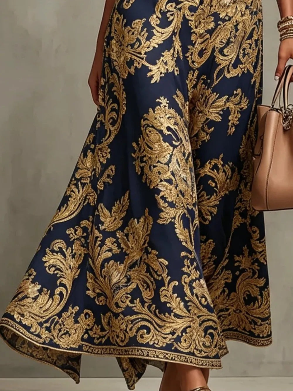 Vestido Maxi de Impresión Barroca Elegante en Color Marino para Mujeres con Cuello Alto, Sin Mangas, Estilo Arrugado y Fluido para Invitadas de Boda