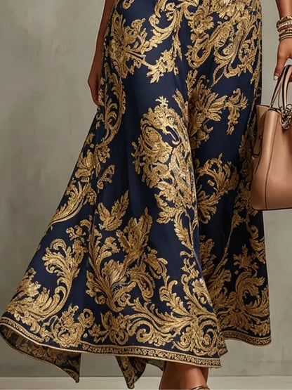 Vestido Maxi de Impresión Barroca Elegante en Color Marino para Mujeres con Cuello Alto, Sin Mangas, Estilo Arrugado y Fluido para Invitadas de Boda