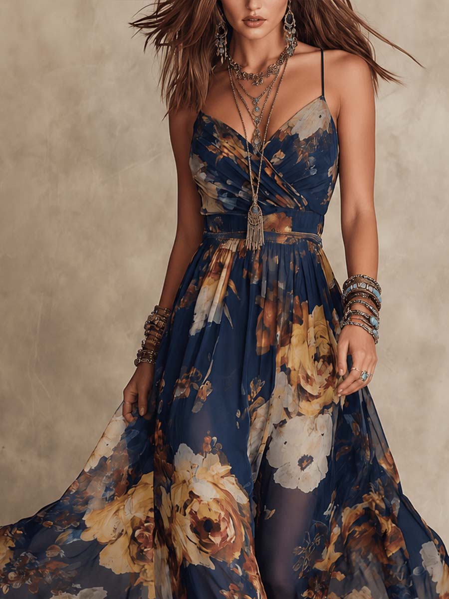 Vestido Maxi Floral Azul Marino Sin Esfuerzo para Mujeres con Escote en V y Tirantes de Espagueti en Estilo Bohemio