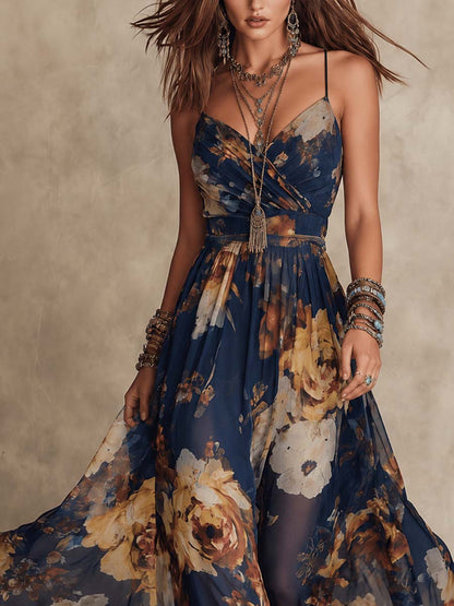 Vestido Maxi Floral Azul Marino Sin Esfuerzo para Mujeres con Escote en V y Tirantes de Espagueti en Estilo Bohemio