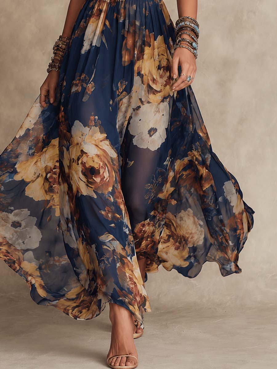 Vestido Maxi Floral Azul Marino Sin Esfuerzo para Mujeres con Escote en V y Tirantes de Espagueti en Estilo Bohemio