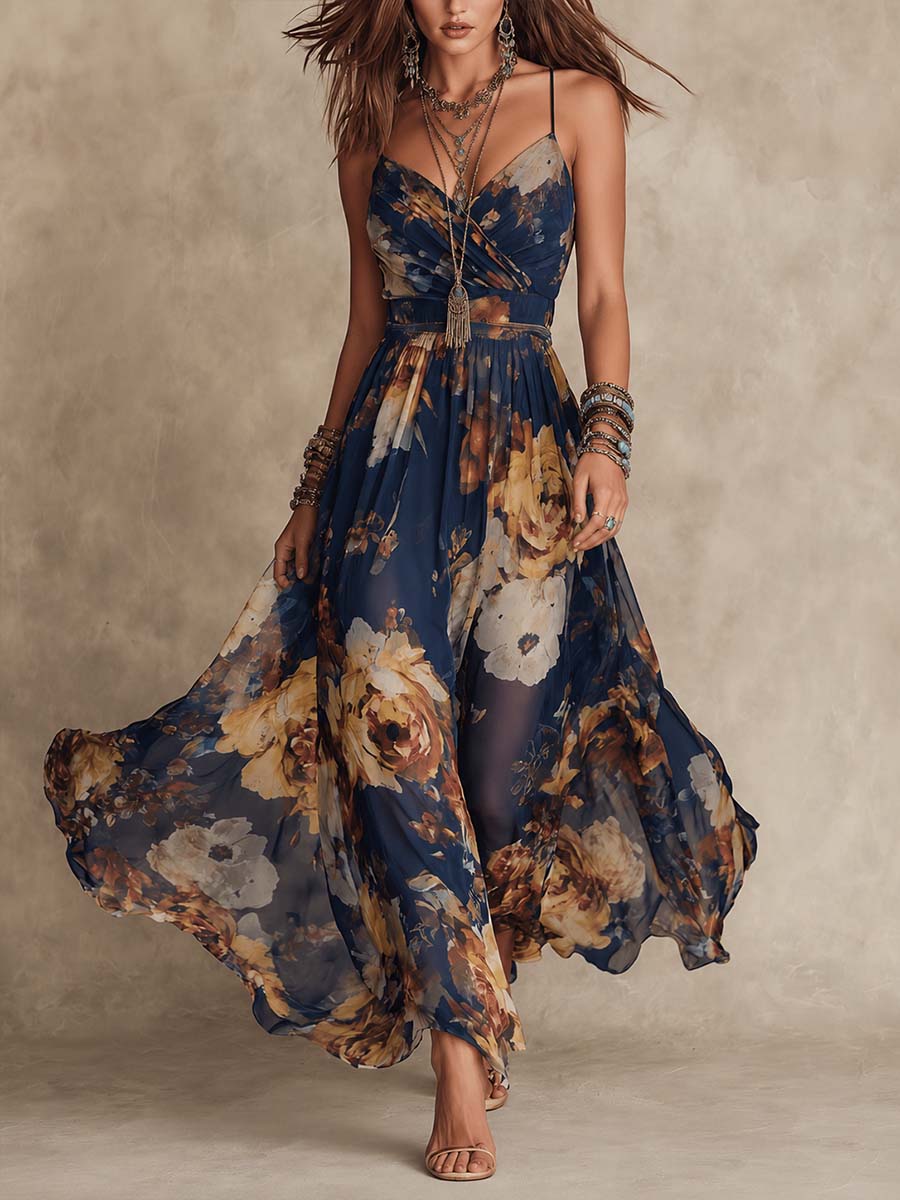 Vestido Maxi Floral Azul Marino Sin Esfuerzo para Mujeres con Escote en V y Tirantes de Espagueti en Estilo Bohemio