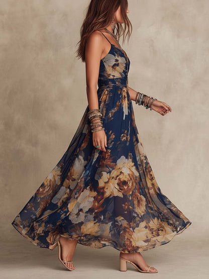 Vestido Maxi Floral Azul Marino Sin Esfuerzo para Mujeres con Escote en V y Tirantes de Espagueti en Estilo Bohemio