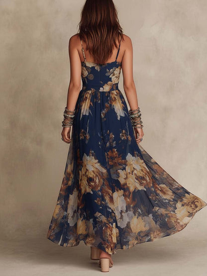 Vestido Maxi Floral Azul Marino Sin Esfuerzo para Mujeres con Escote en V y Tirantes de Espagueti en Estilo Bohemio