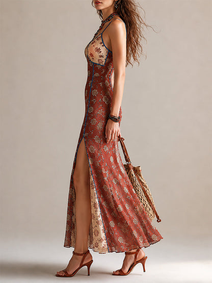 Elegante Vestido Maxi Floral Rojo Óxido para Mujeres con Escote en V Sin Mangas y Abertura Alta Estilo Sirena Bohemio