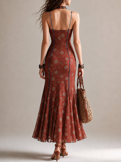 Elegante Vestido Maxi Floral Rojo Óxido para Mujeres con Escote en V Sin Mangas y Abertura Alta Estilo Sirena Bohemio