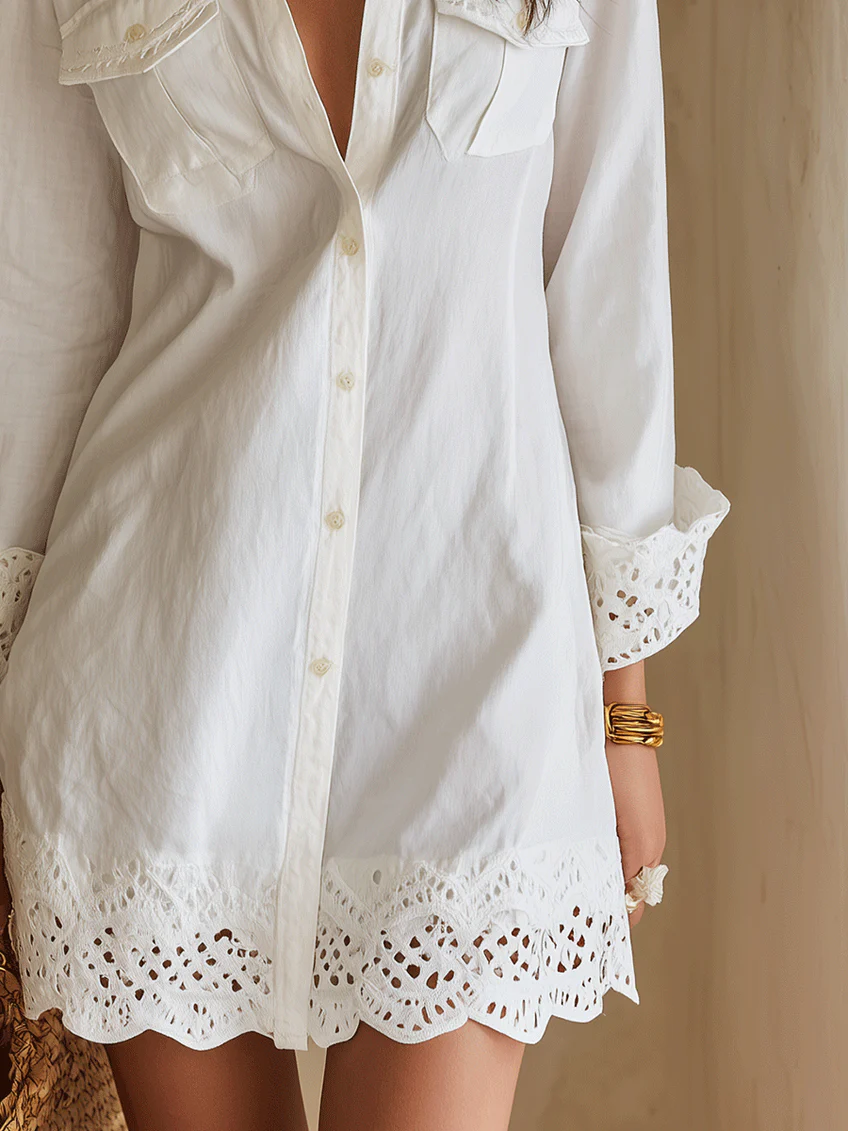 Vestido Camisa de Lino Blanco Sin Esfuerzo para Mujeres con Cuello y Botones, Manga Larga y Acabado de Encaje de Croché