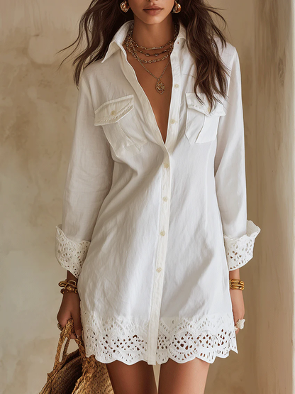 Vestido Camisa de Lino Blanco Sin Esfuerzo para Mujeres con Cuello y Botones, Manga Larga y Acabado de Encaje de Croché