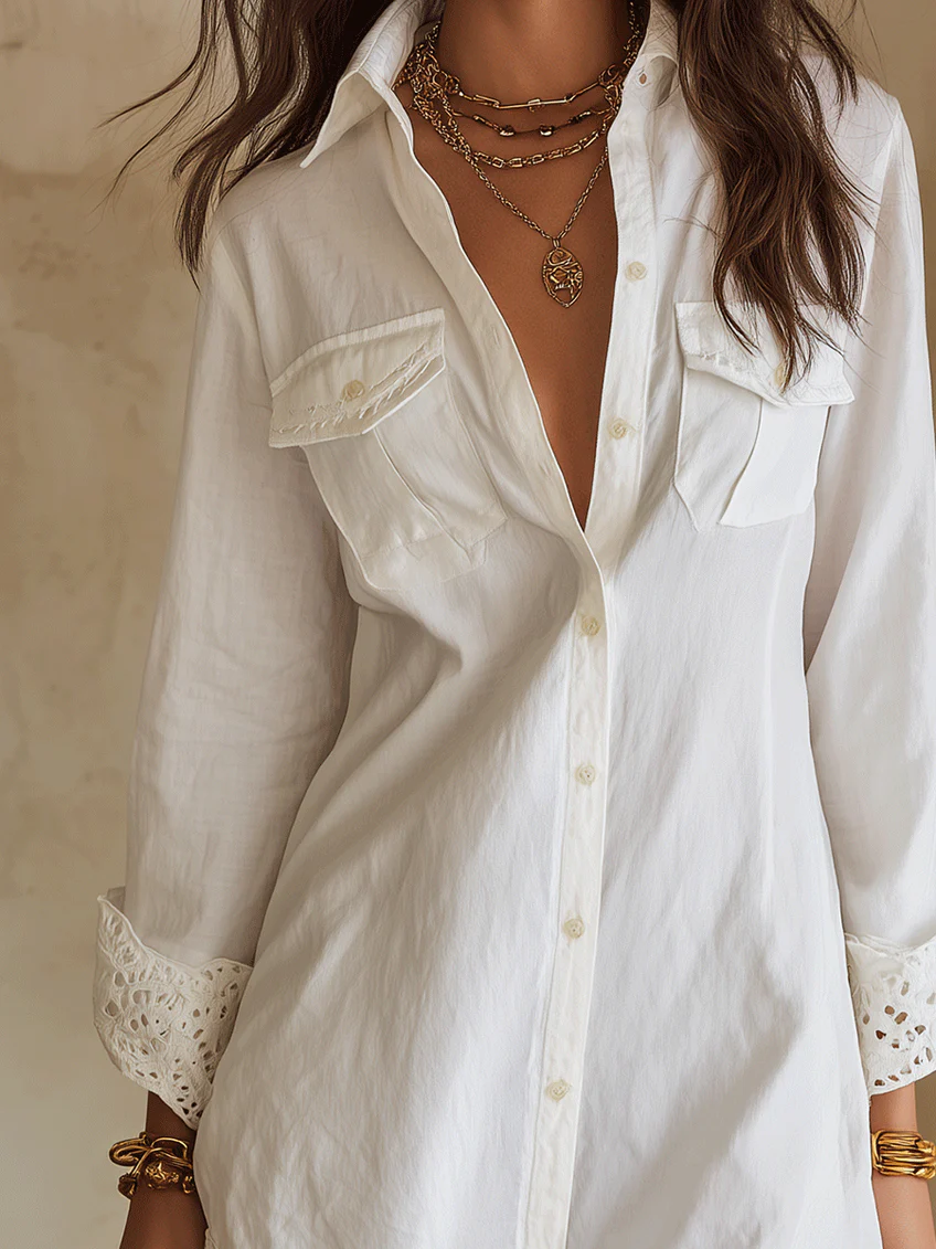 Vestido Camisa de Lino Blanco Sin Esfuerzo para Mujeres con Cuello y Botones, Manga Larga y Acabado de Encaje de Croché