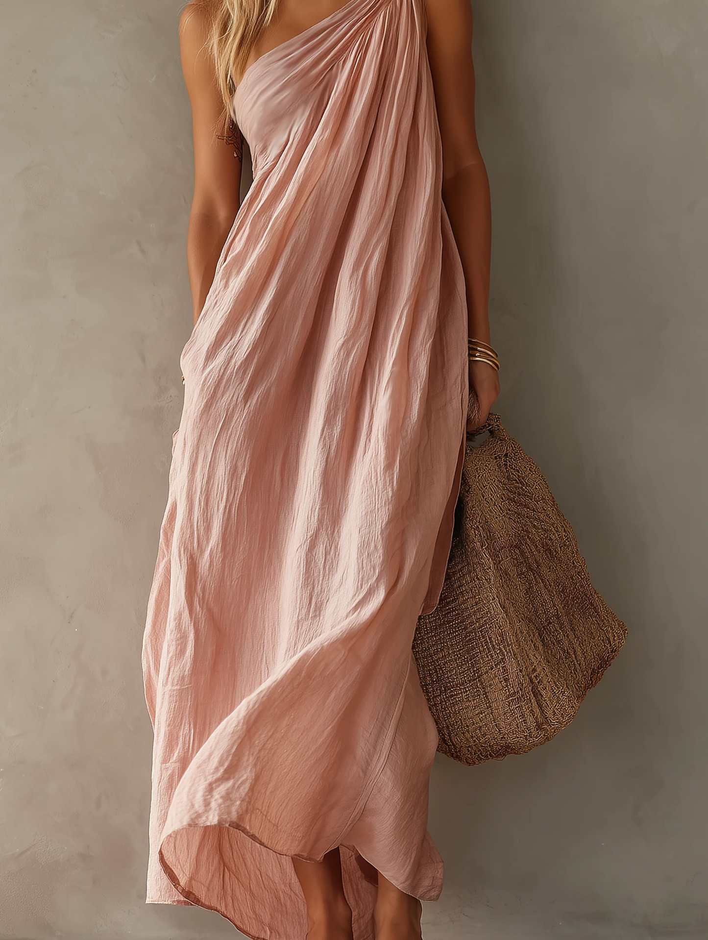 Vestido Maxi de Lino Sin Esfuerzo para Mujeres con Un Hombro Drapado y Estilo Bohemio Fluyente