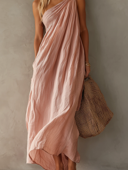 Vestido Maxi de Lino Sin Esfuerzo para Mujeres con Un Hombro Drapado y Estilo Bohemio Fluyente