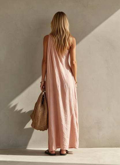 Vestido Maxi de Lino Sin Esfuerzo para Mujeres con Un Hombro Drapado y Estilo Bohemio Fluyente