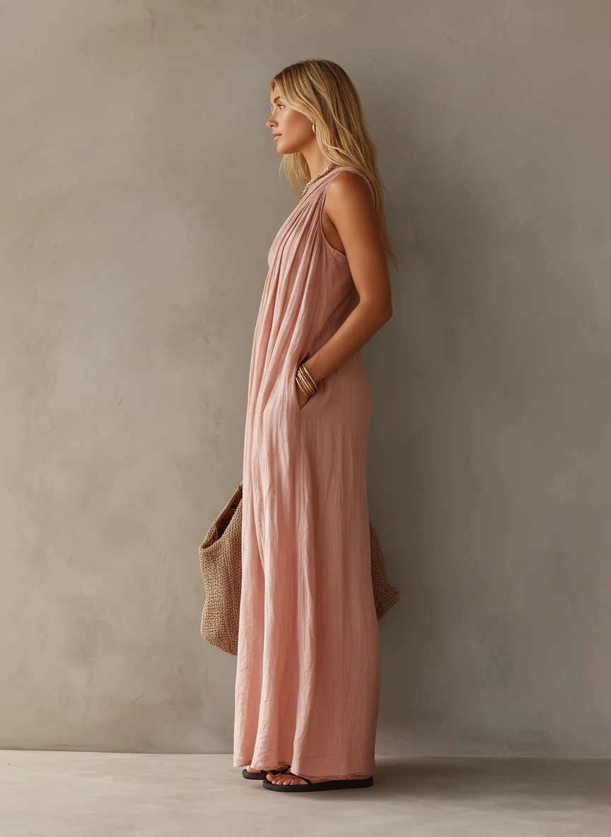 Vestido Maxi de Lino Sin Esfuerzo para Mujeres con Un Hombro Drapado y Estilo Bohemio Fluyente
