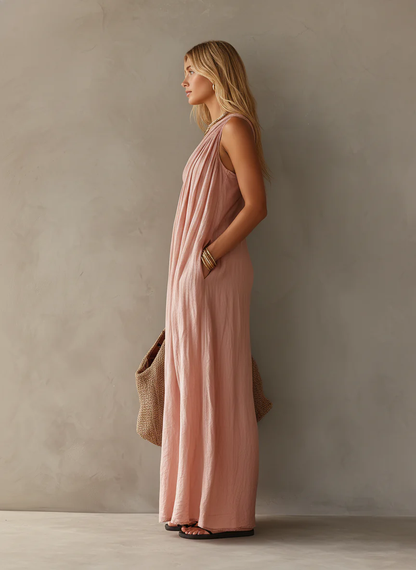 Vestido Maxi de Lino Sin Esfuerzo para Mujeres con Un Hombro Drapado y Estilo Bohemio Fluyente