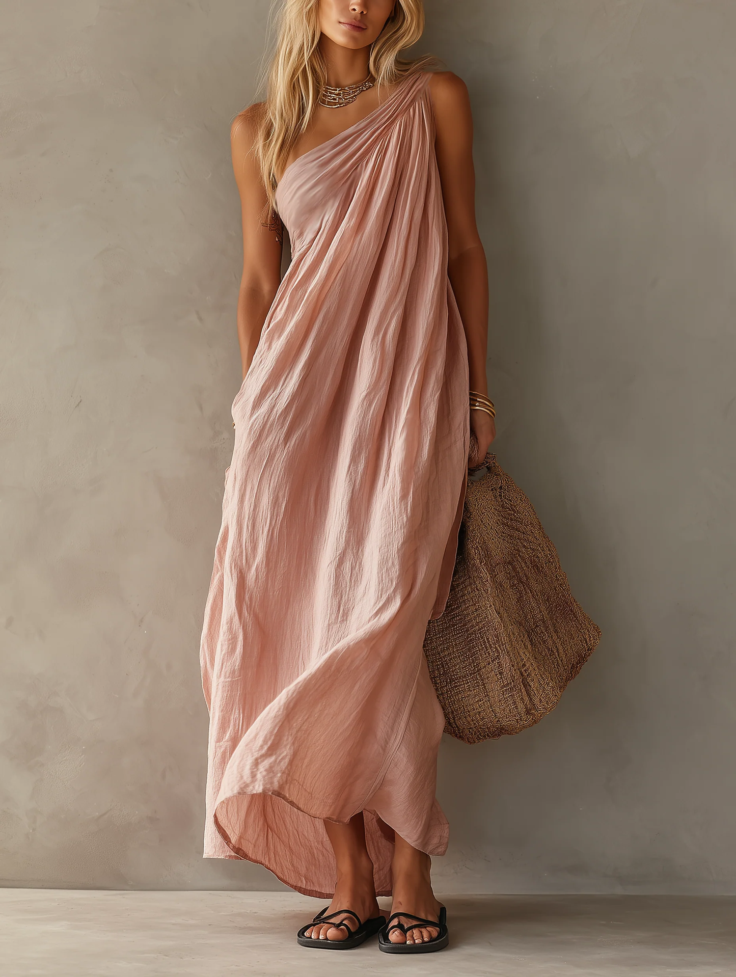 Vestido Maxi de Lino Sin Esfuerzo para Mujeres con Un Hombro Drapado y Estilo Bohemio Fluyente