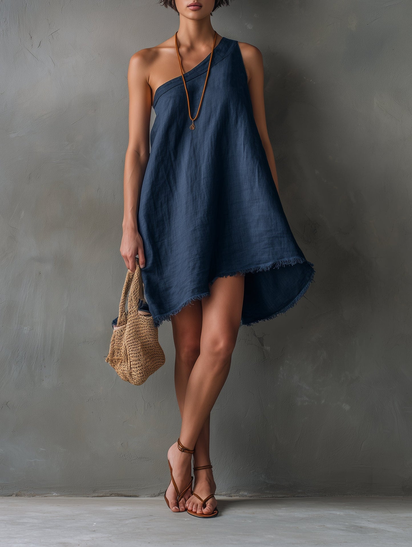 Vestido Mini de Lino Marino Sin Esfuerzo para Mujeres con Un Hombro Sin Mangas y Dobladillo Asimétrico Deshilachado