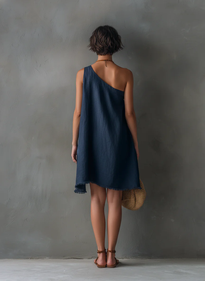 Vestido Mini de Lino Marino Sin Esfuerzo para Mujeres con Un Hombro Sin Mangas y Dobladillo Asimétrico Deshilachado
