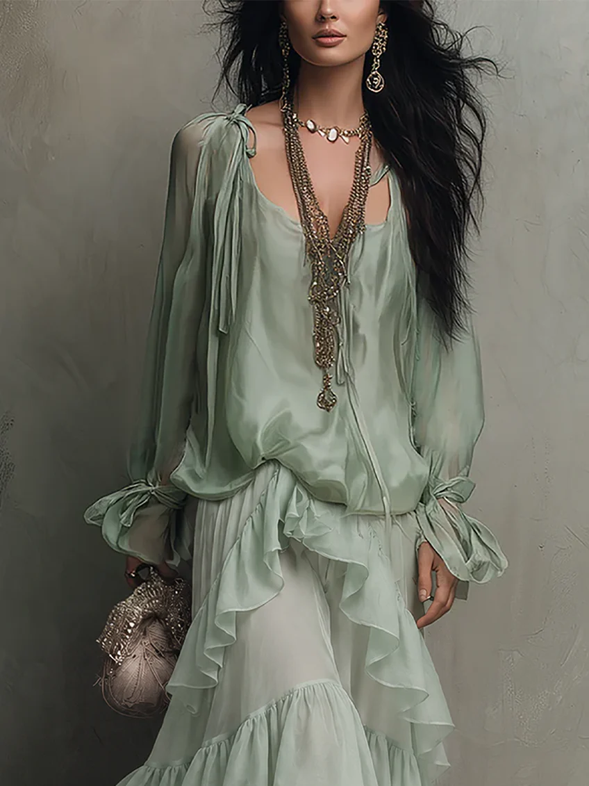 Vestido Maxi Acampanado Verde Menta para Mujeres con Escote Redondeado, Manga Larga, Volantes y Estilo Bohemio
