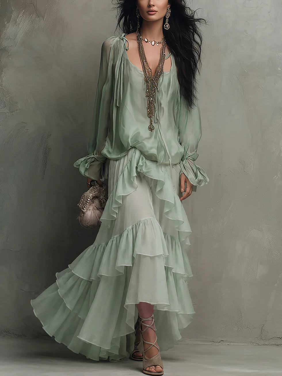 Vestido Maxi Acampanado Verde Menta para Mujeres con Escote Redondeado, Manga Larga, Volantes y Estilo Bohemio