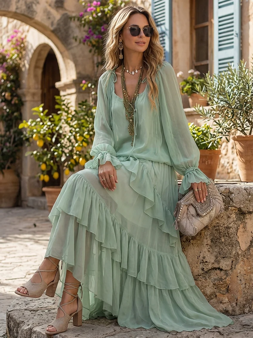Vestido Maxi Acampanado Verde Menta para Mujeres con Escote Redondeado, Manga Larga, Volantes y Estilo Bohemio