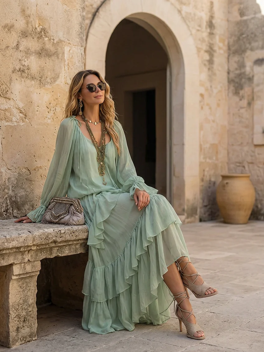 Vestido Maxi Acampanado Verde Menta para Mujeres con Escote Redondeado, Manga Larga, Volantes y Estilo Bohemio
