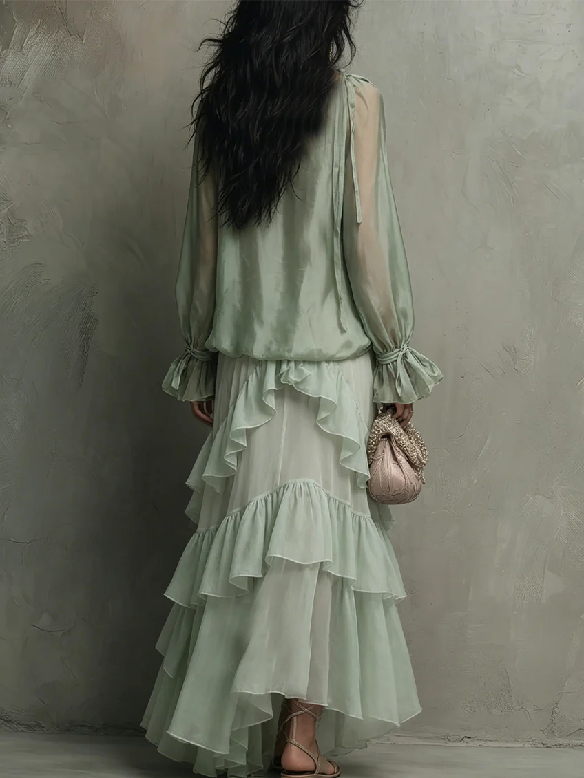 Vestido Maxi Acampanado Verde Menta para Mujeres con Escote Redondeado, Manga Larga, Volantes y Estilo Bohemio