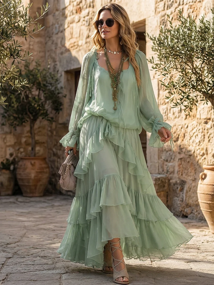 Vestido Maxi Acampanado Verde Menta para Mujeres con Escote Redondeado, Manga Larga, Volantes y Estilo Bohemio