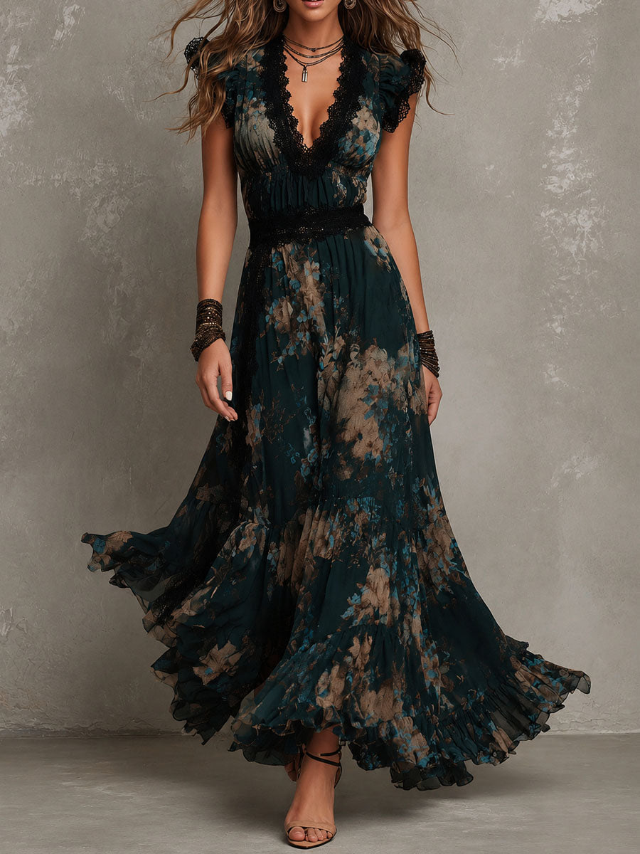 Vestido Maxi Floral Verde Oscuro Sin Esfuerzo para Mujeres con Detalle de Encaje en el Cuello en V y Mangas Cortas con Volantes Estilo Bohemio