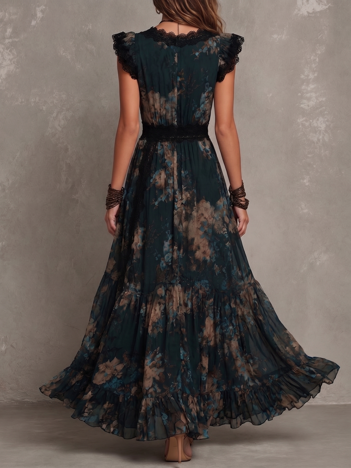 Vestido Maxi Floral Verde Oscuro Sin Esfuerzo para Mujeres con Detalle de Encaje en el Cuello en V y Mangas Cortas con Volantes Estilo Bohemio
