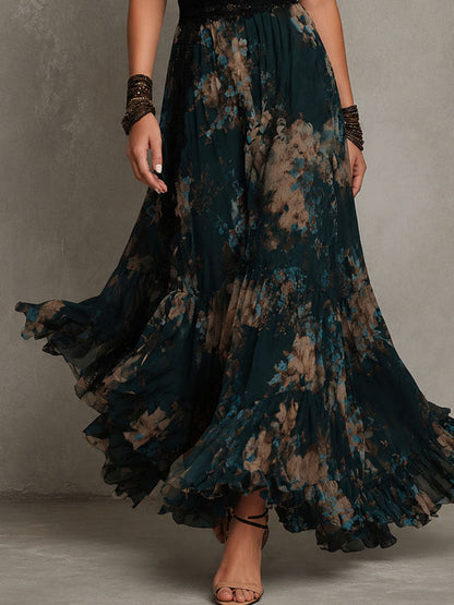 Vestido Maxi Floral Verde Oscuro Sin Esfuerzo para Mujeres con Detalle de Encaje en el Cuello en V y Mangas Cortas con Volantes Estilo Bohemio