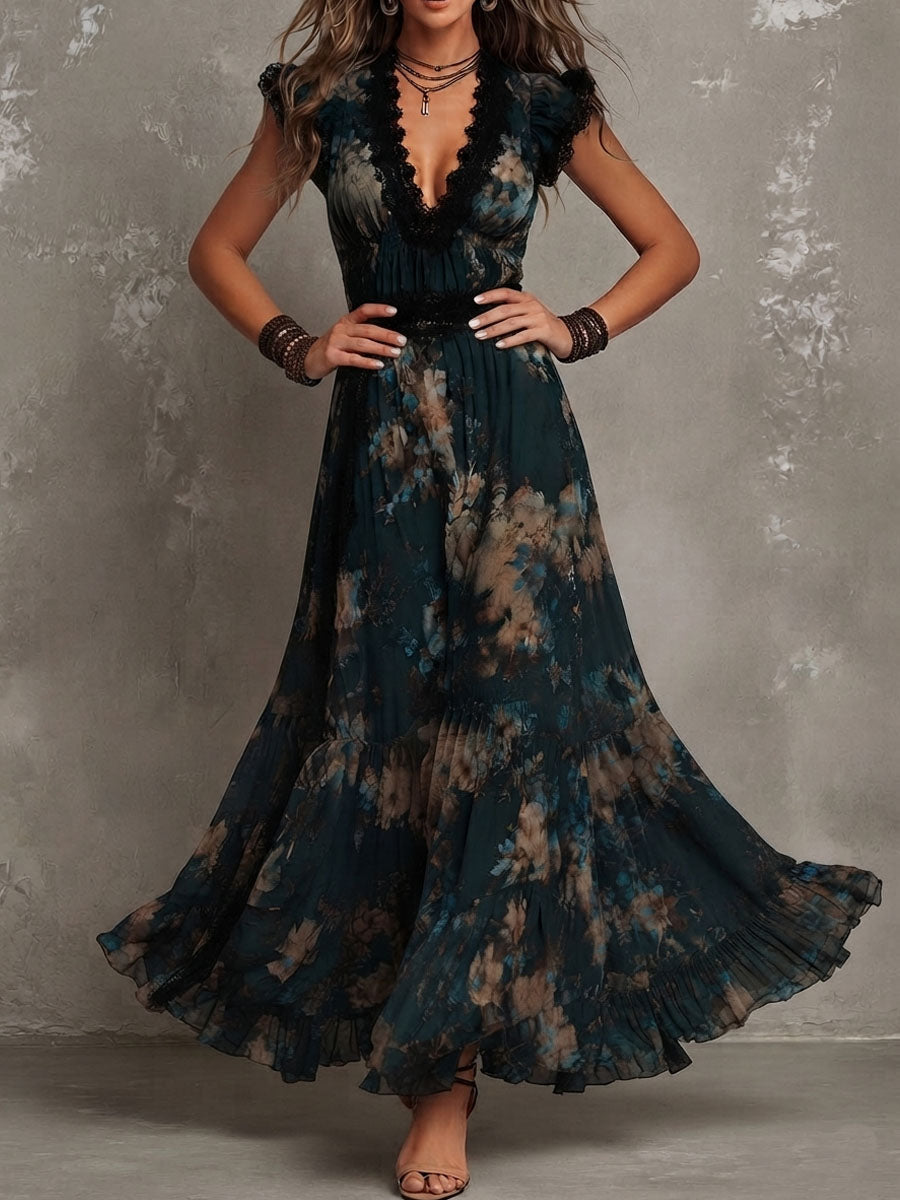 Vestido Maxi Floral Verde Oscuro Sin Esfuerzo para Mujeres con Detalle de Encaje en el Cuello en V y Mangas Cortas con Volantes Estilo Bohemio