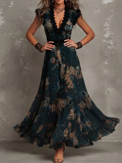Vestido Maxi Floral Verde Oscuro Sin Esfuerzo para Mujeres con Detalle de Encaje en el Cuello en V y Mangas Cortas con Volantes Estilo Bohemio